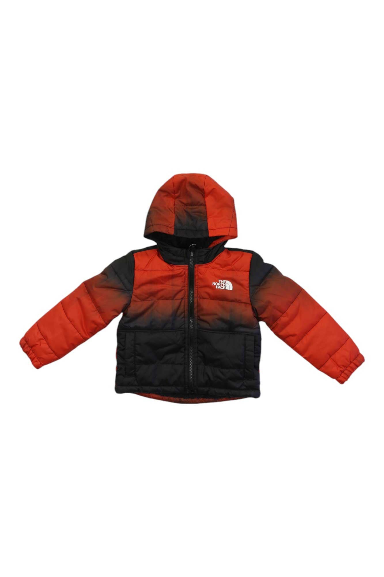 The North Face Toddlers Reversible Mt Chimbo Full Zip Hooded Jacket features a red and black gradient, insulated hood, front zipper, and The North Face logo on the left chest.