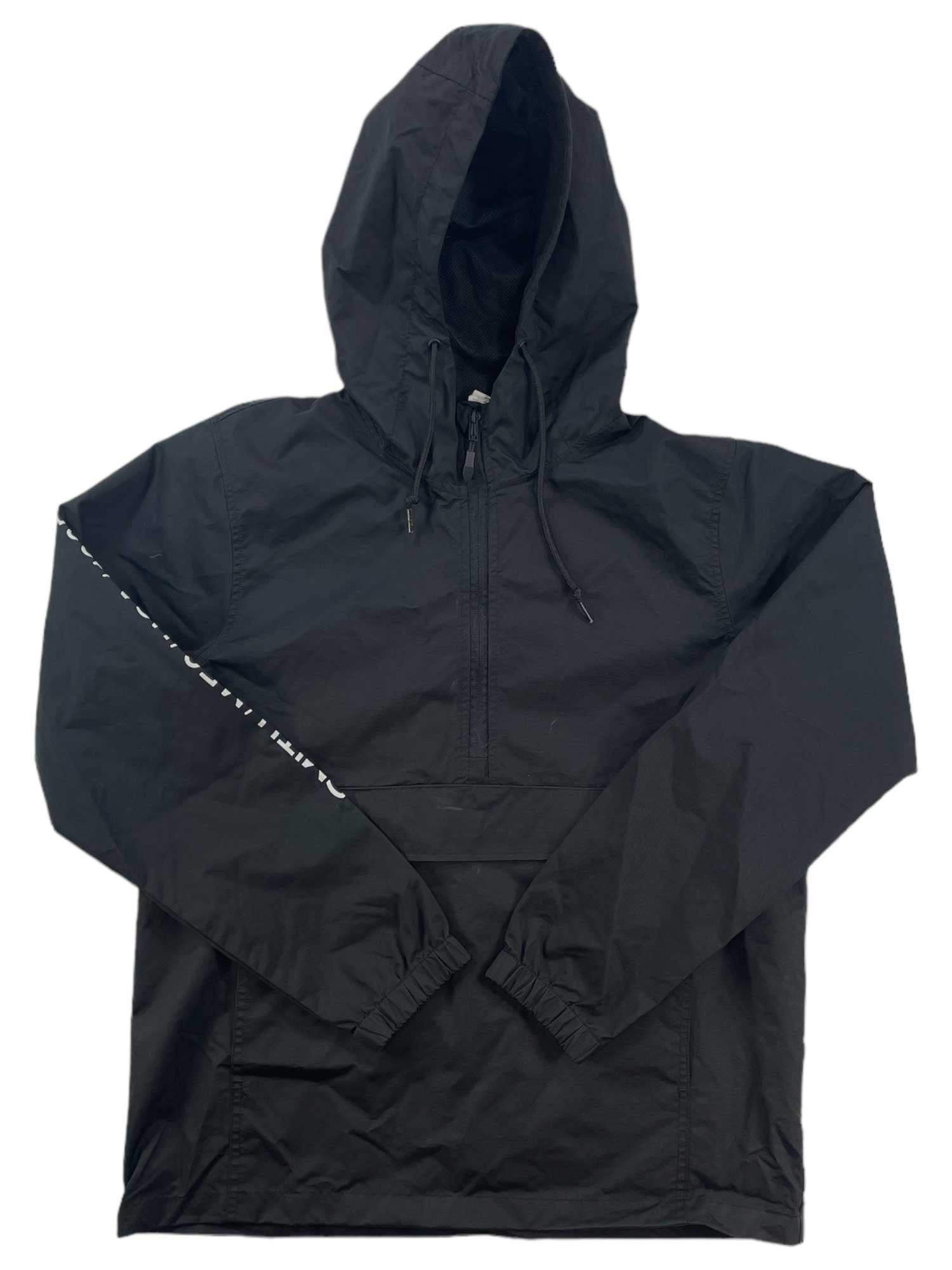 Men's black hooded anorak windbreaker with zip front and drawstring waist