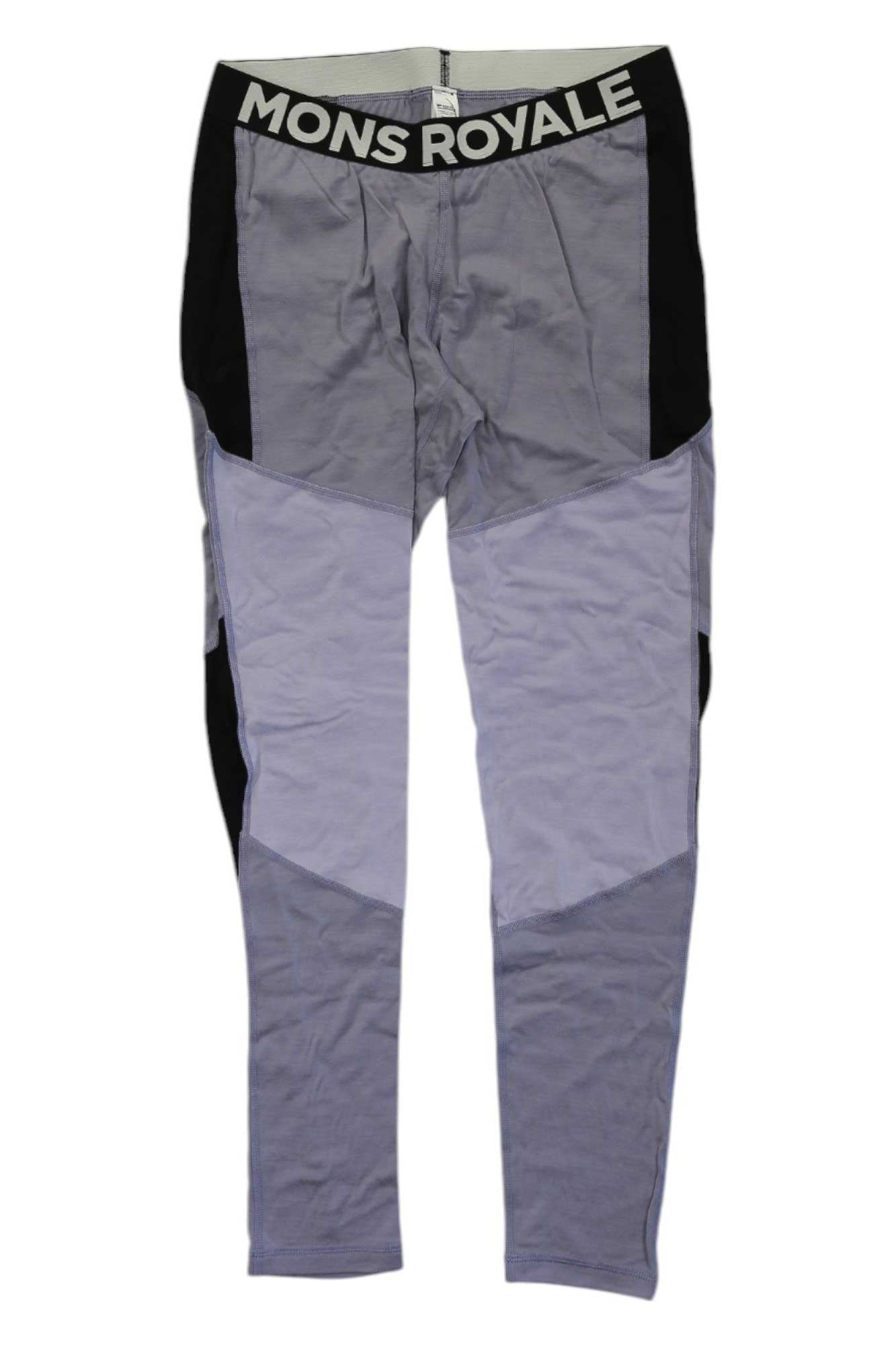 The Mons Royale Womens Olympus Legging features fitted, color-blocked baselayer leggings in gray and black with a wide elastic waistband branded "MONS ROYALE"—designed for comfort on any outdoor adventure.