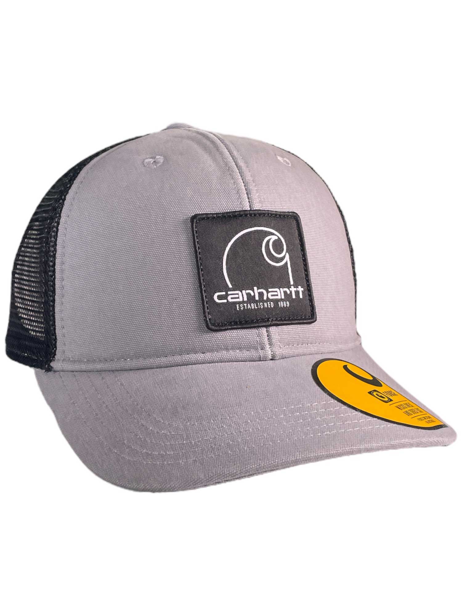 The Carhartt Mens Canvas Mesh Back C Patch Cap is a grey and black hat with a canvas mesh back, front Carhartt logo patch, and yellow brim sticker.