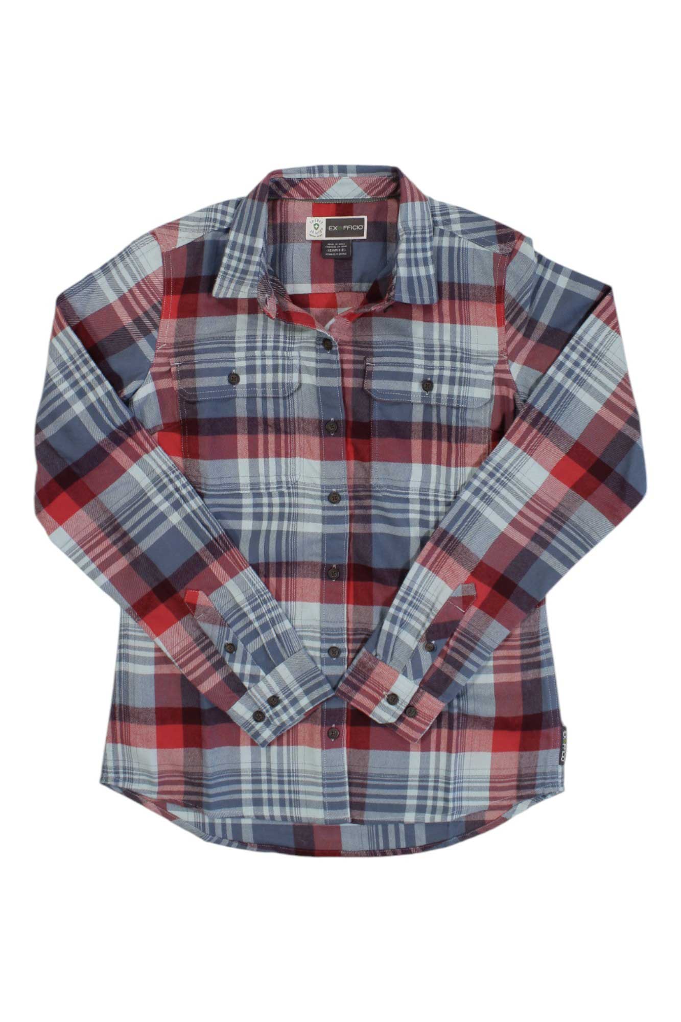 The ExOfficio Womens BugsAway Redding Midweight Flannel LS Shirt is a red, blue, and white plaid long-sleeve button-up with a collar, two chest pockets, and built-in insect repellent—ideal for outdoor adventures.
