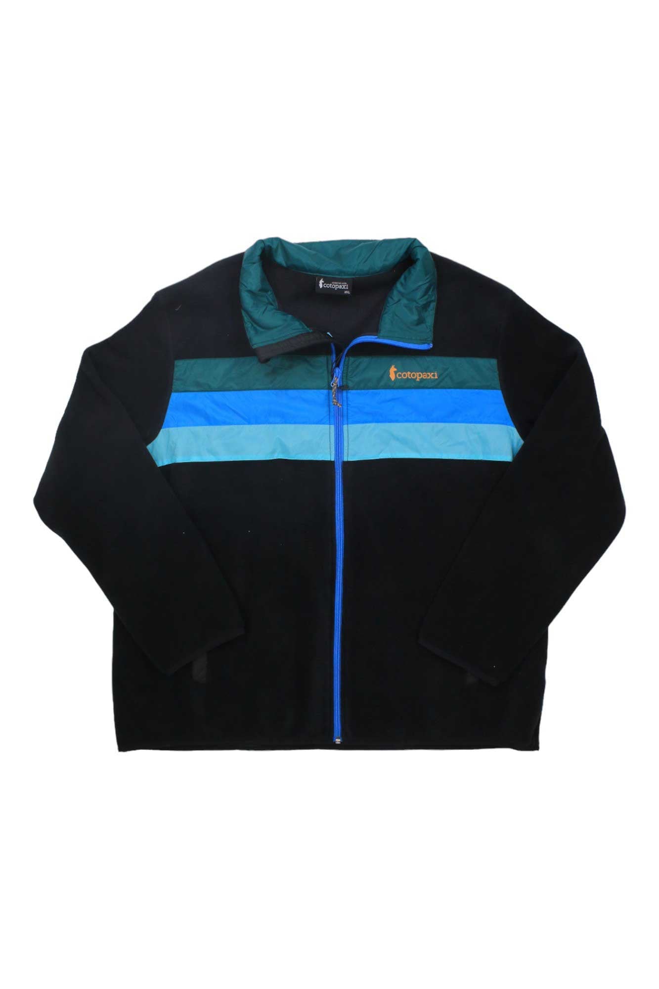 The Cotopaxi Men's Teca Fleece Full Zip Jacket is a black casual jacket made from recycled polyester fleece, featuring a teal collar, blue and turquoise chest stripes, blue zipper, and a yellow compaq logo on the left chest.