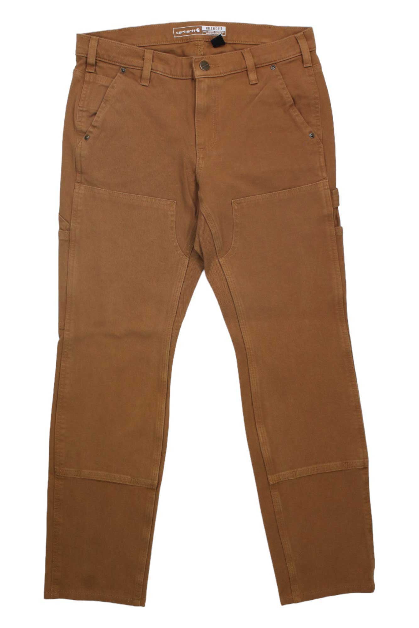 The Carhartt Womens Rugged Flex Relaxed Fit Twill Double-Front Work Pant, featuring front and back pockets, belt loops, double-front reinforced knees, and stretch fabric, is shown laid flat on a white background.