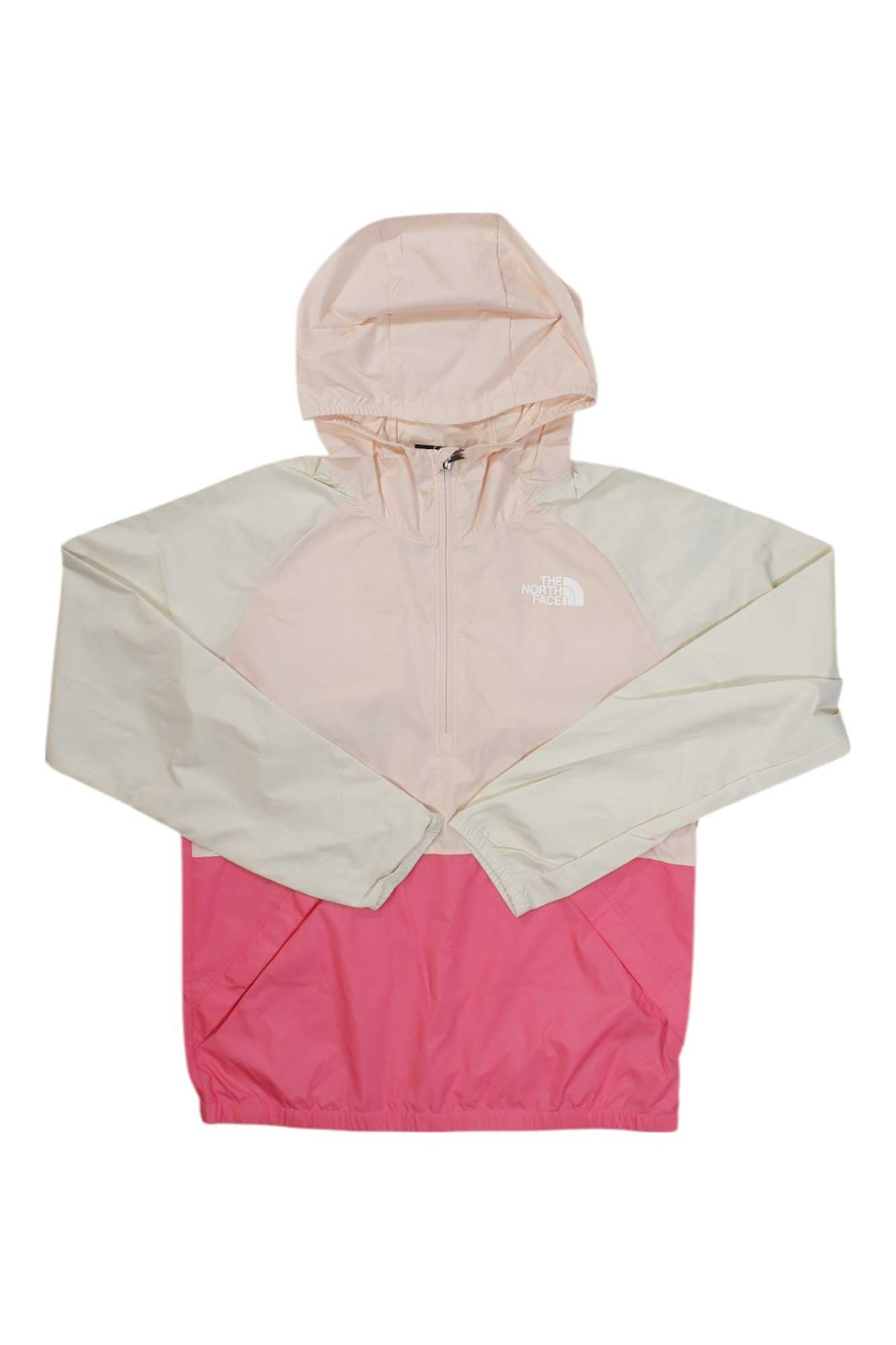 The North Face Youth Packable Wind Jacket features a color-blocked design with a light pink upper, off-white sleeves, and bright pink lower, plus a white logo on the chest—ideal for kids' outdoor adventures.