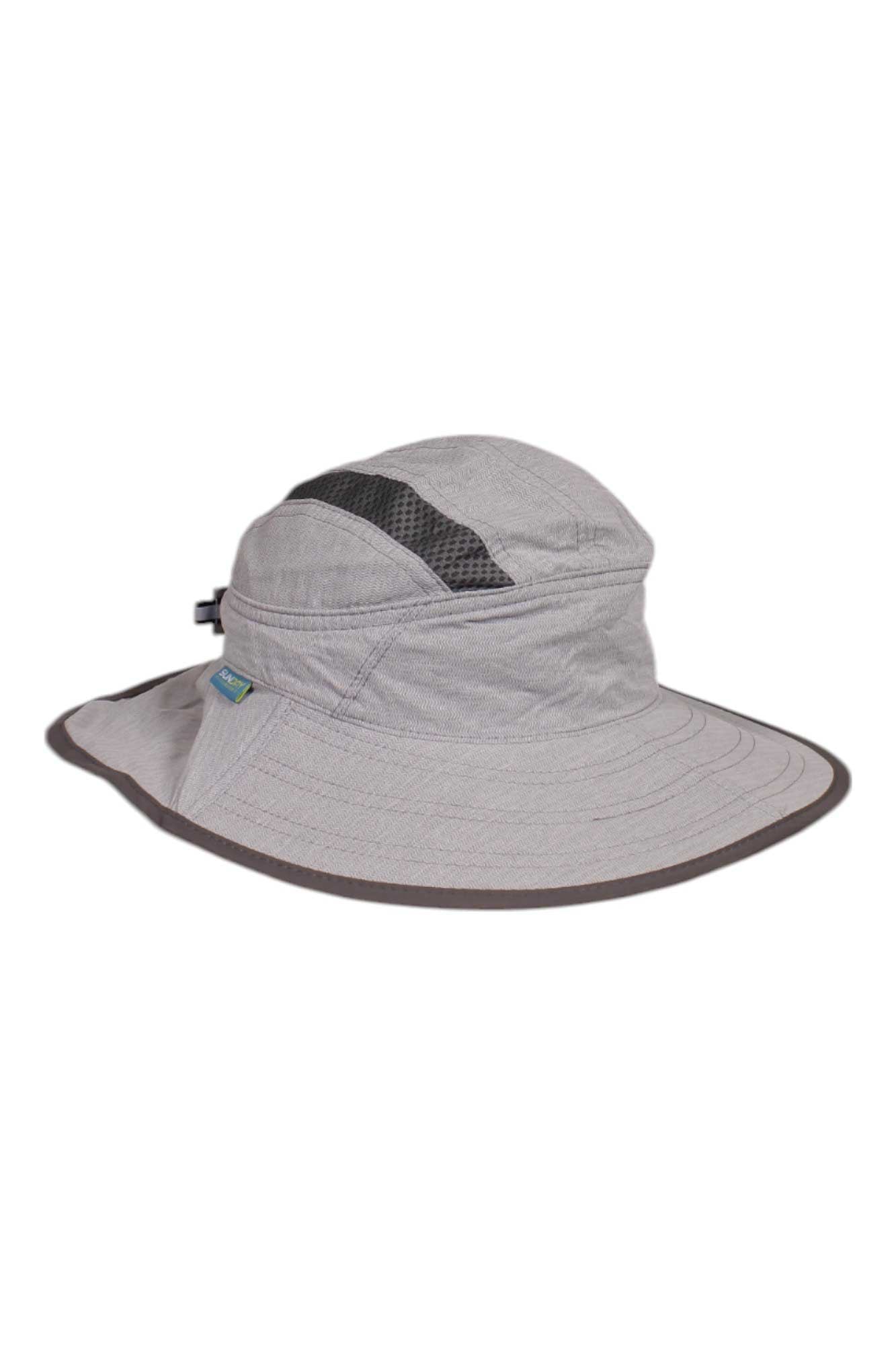 The Sunday Afternoons Kids Ultra Adventure Hat, shown against a white background, features light gray fabric with a wide brim, dark gray trim, mesh crown ventilation, and offers UPF 50+ sun protection.