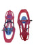 Kids snowshoes in magenta, rear and front views with blue binding detail