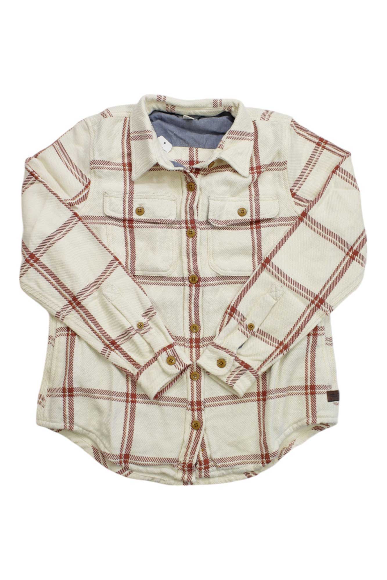 The L.L.Bean Women's The 1912 LS Overshirt is a cream-colored, long-sleeve plaid shirt with red and brown lines, button front, two chest pockets, curved hem, and water-resistant finish—great for layering after mountain biking.