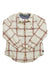 The L.L.Bean Women's The 1912 LS Overshirt is a cream-colored, long-sleeve plaid shirt with red and brown lines, button front, two chest pockets, curved hem, and water-resistant finish—great for layering after mountain biking.