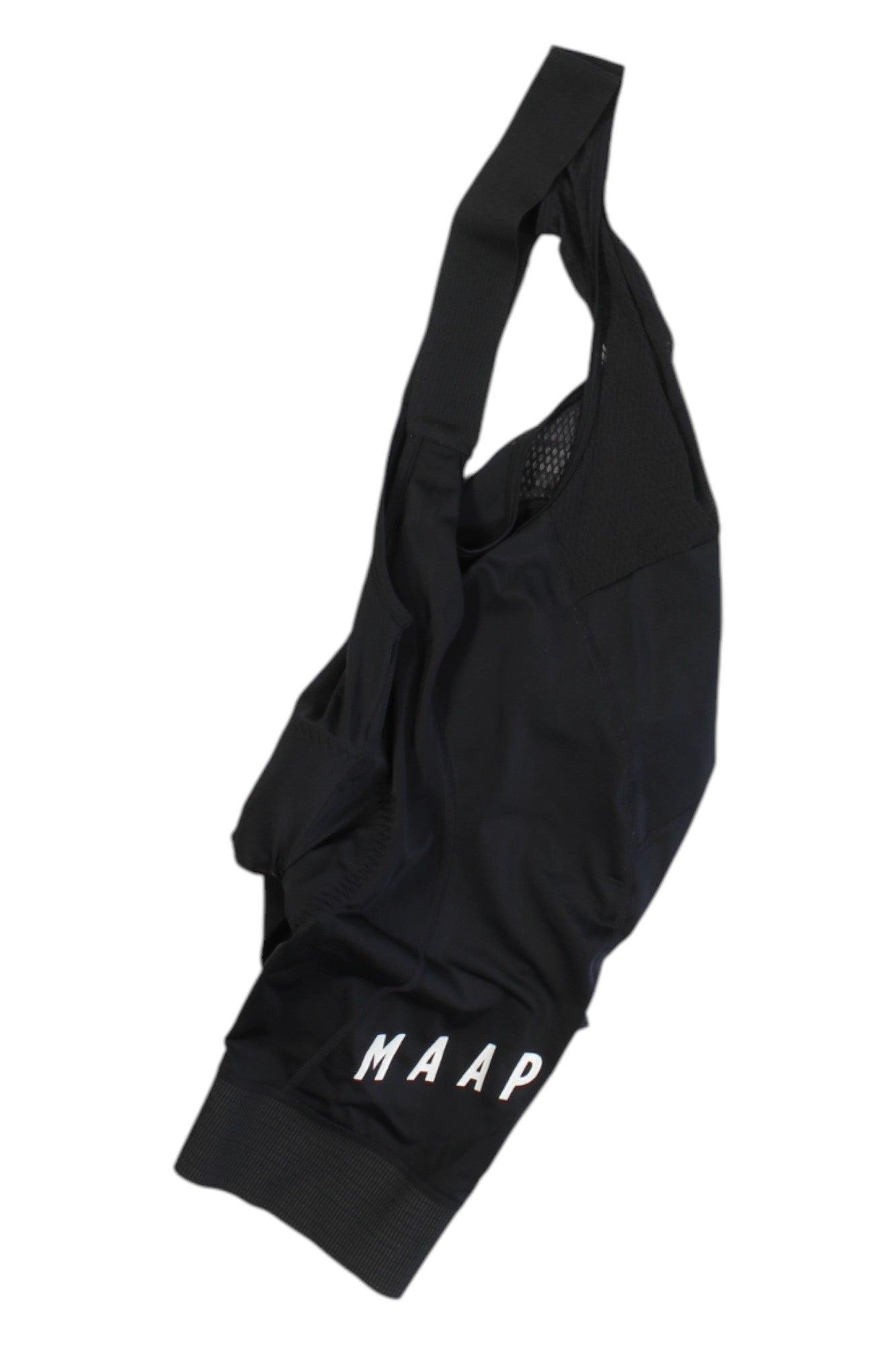 A pair of Maap Pro Bib cycling shorts in black with chamois padding and "MAAP" in white on the lower left leg, shown against a white background.