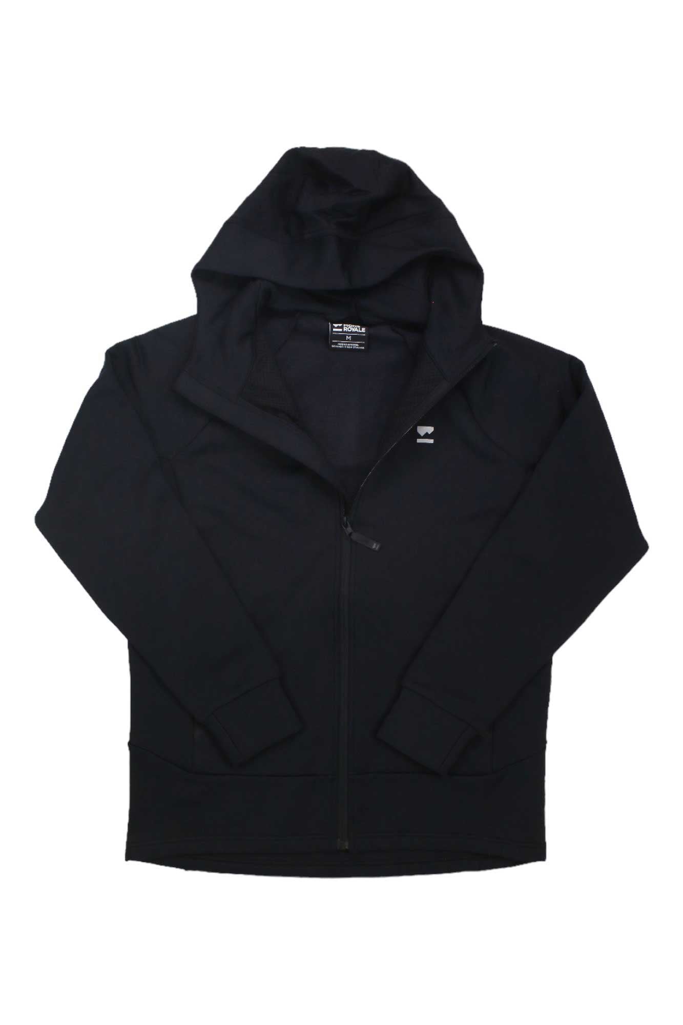The Mons Royale Men's Nevis Merino Fleece Hoodie is a black zip-up midlayer with long sleeves, ribbed cuffs, and a front zipper, perfect for outdoor wear and shown laid flat on a white background.