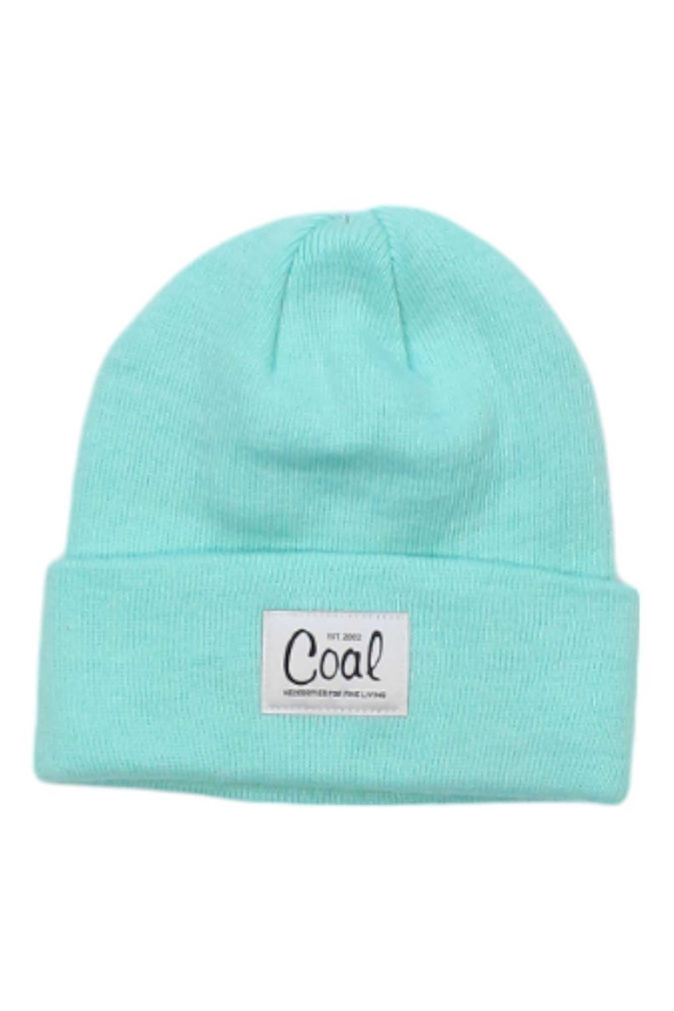 The Coal Womens The Mel Beanie is a light blue rib knit beanie with a folded brim and a white rectangular Coal patch on the front, making it perfect for casual, everyday wear.