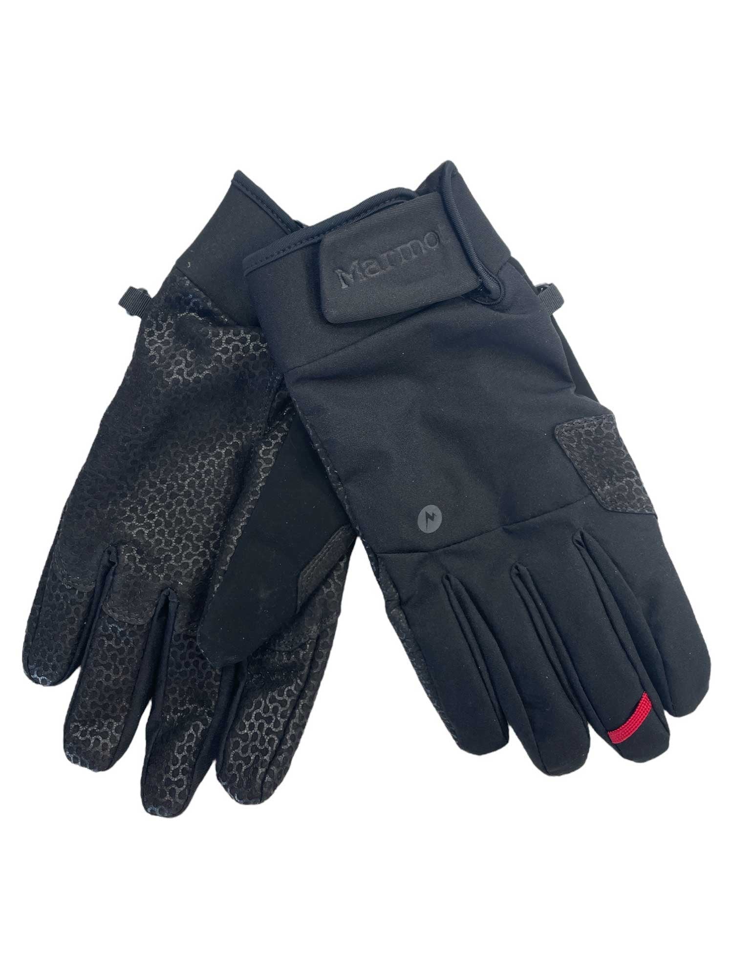 A pair of black Marmot XT Gloves, one with a textured grip palm and the other showing the Velcro strap on the back; the right glove features a red accent on the index finger—perfect for ice climbing.