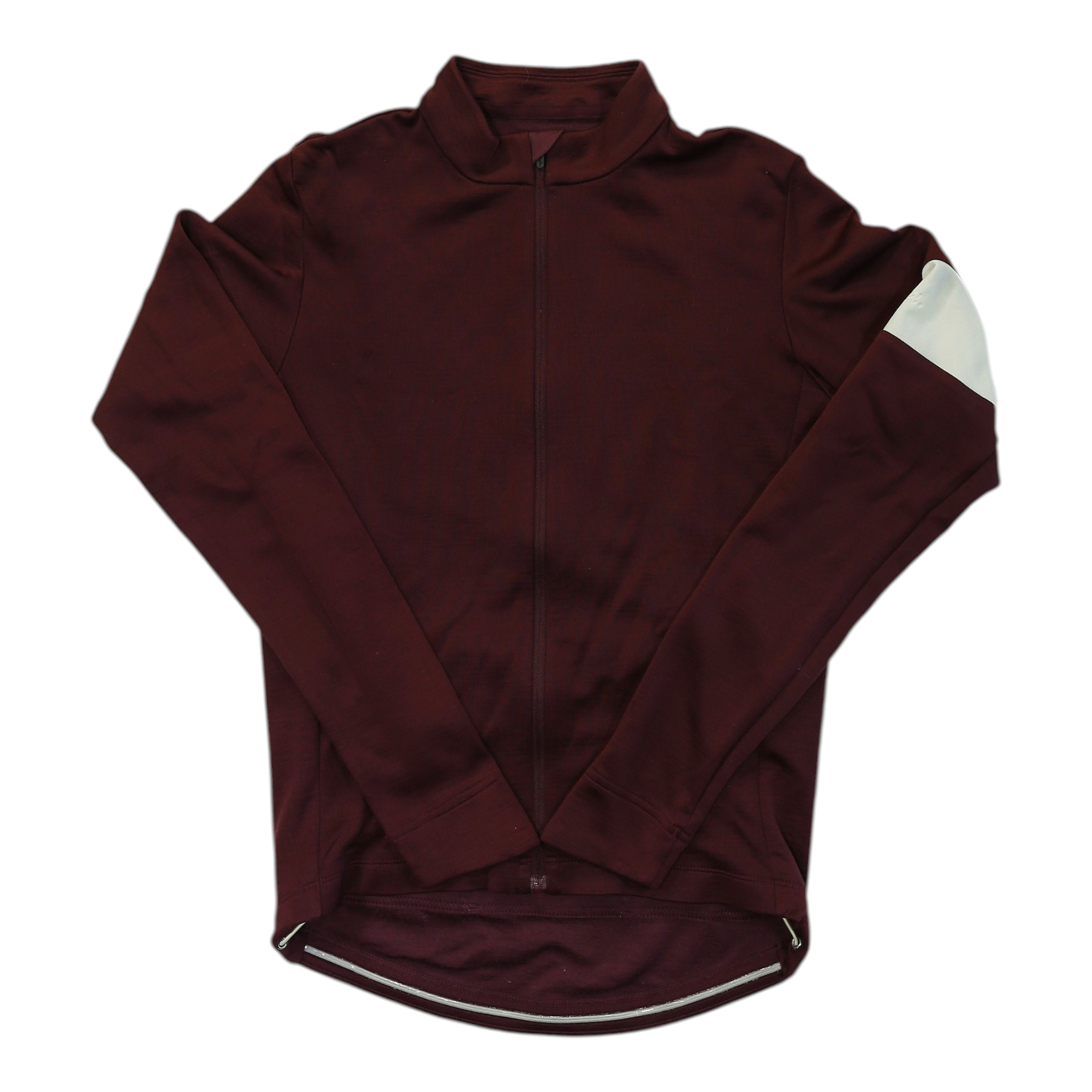 Maroon long-sleeve jersey with half-zip and subtle contrast hem stripe