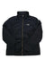 Women's black puffer jacket with full zip, stand collar, and hooded neckline