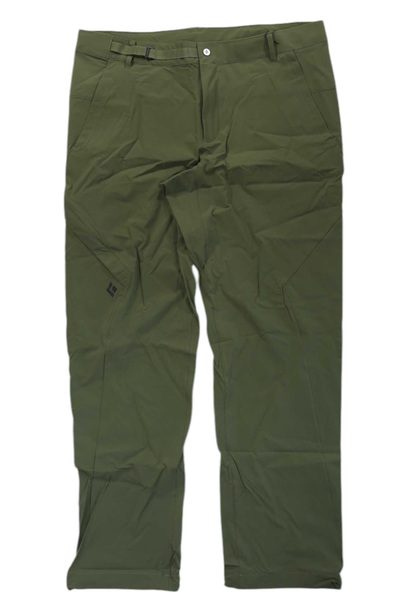 The MENS ALPINE LIGHT PANTS in olive green are ultralight climbing pants with side pockets, belt loops, and a button waist. Made from lightweight, slightly wrinkled fabric and shown flat on a white background.