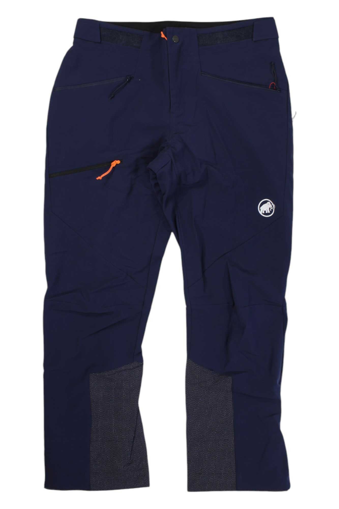 Mammut men's Taiss Guide SO pants in navy blue, zip fly, side pockets, logo patch