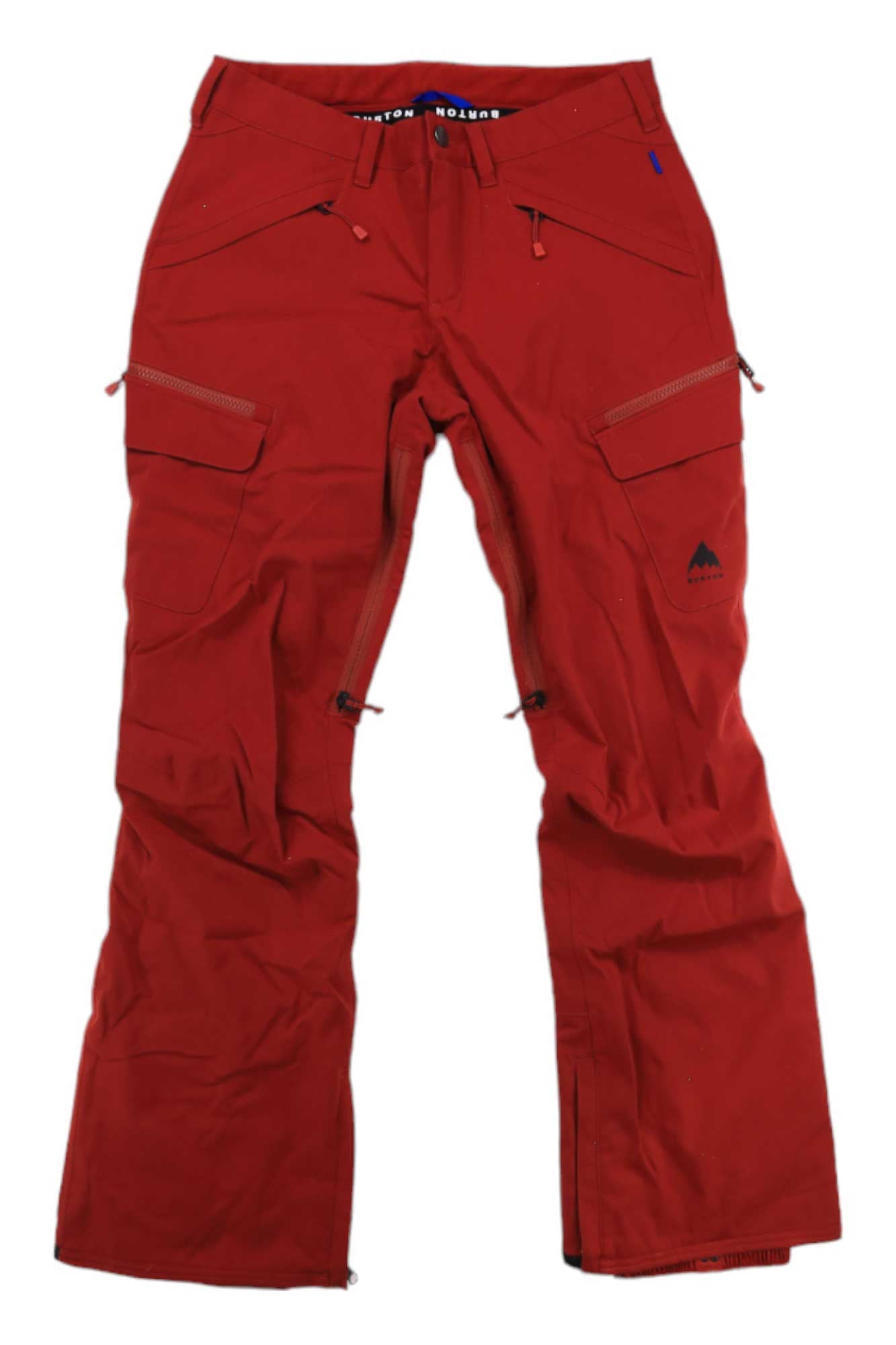 A pair of Burton Womens Gloria Insulated Pant in red, slim fit, featuring multiple zippered pockets, belt loops, and reinforced knees and ankles, laid flat on a white background.