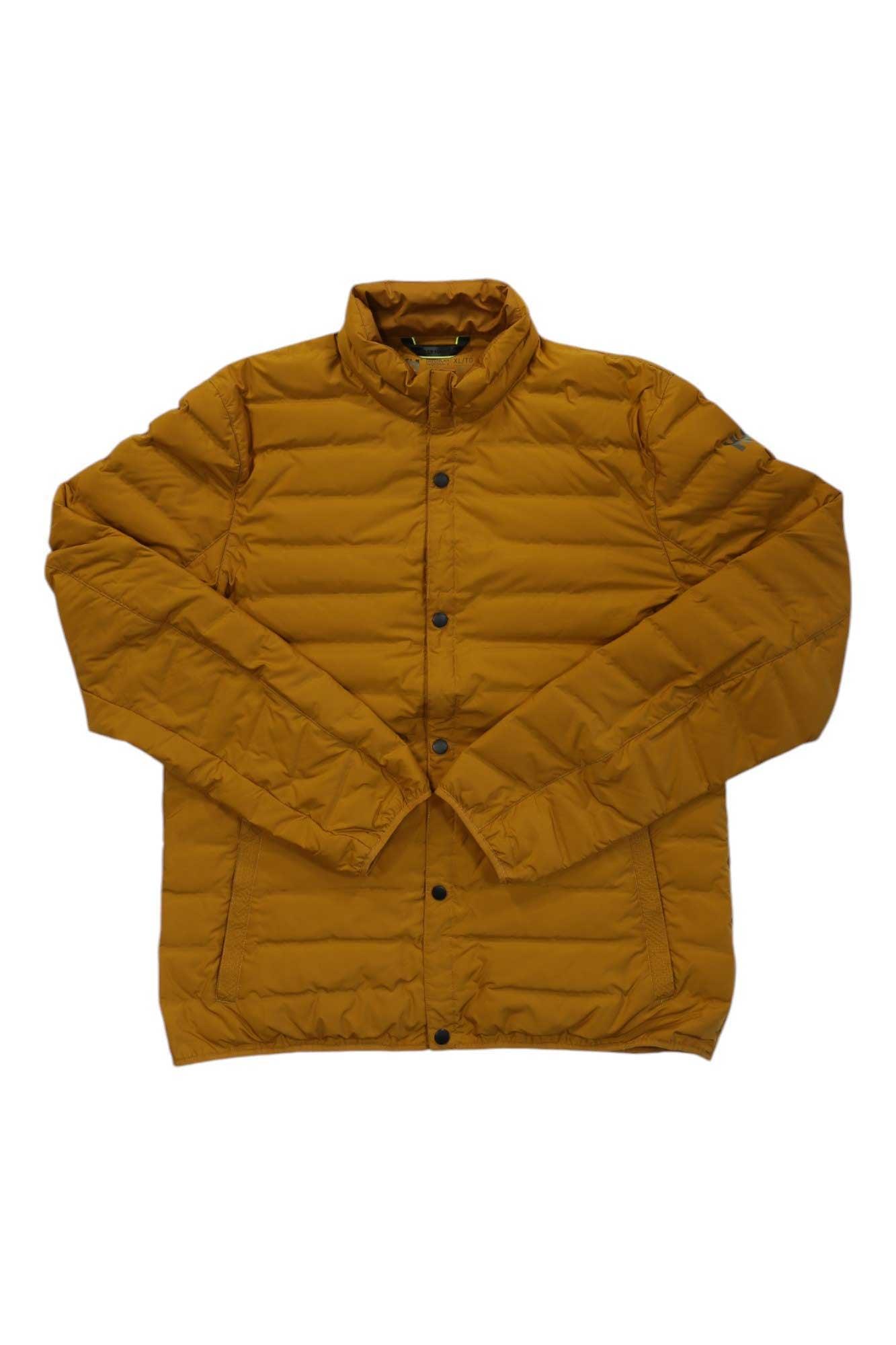 Men's orange quilted puffer liner jacket with button front and stand collar
