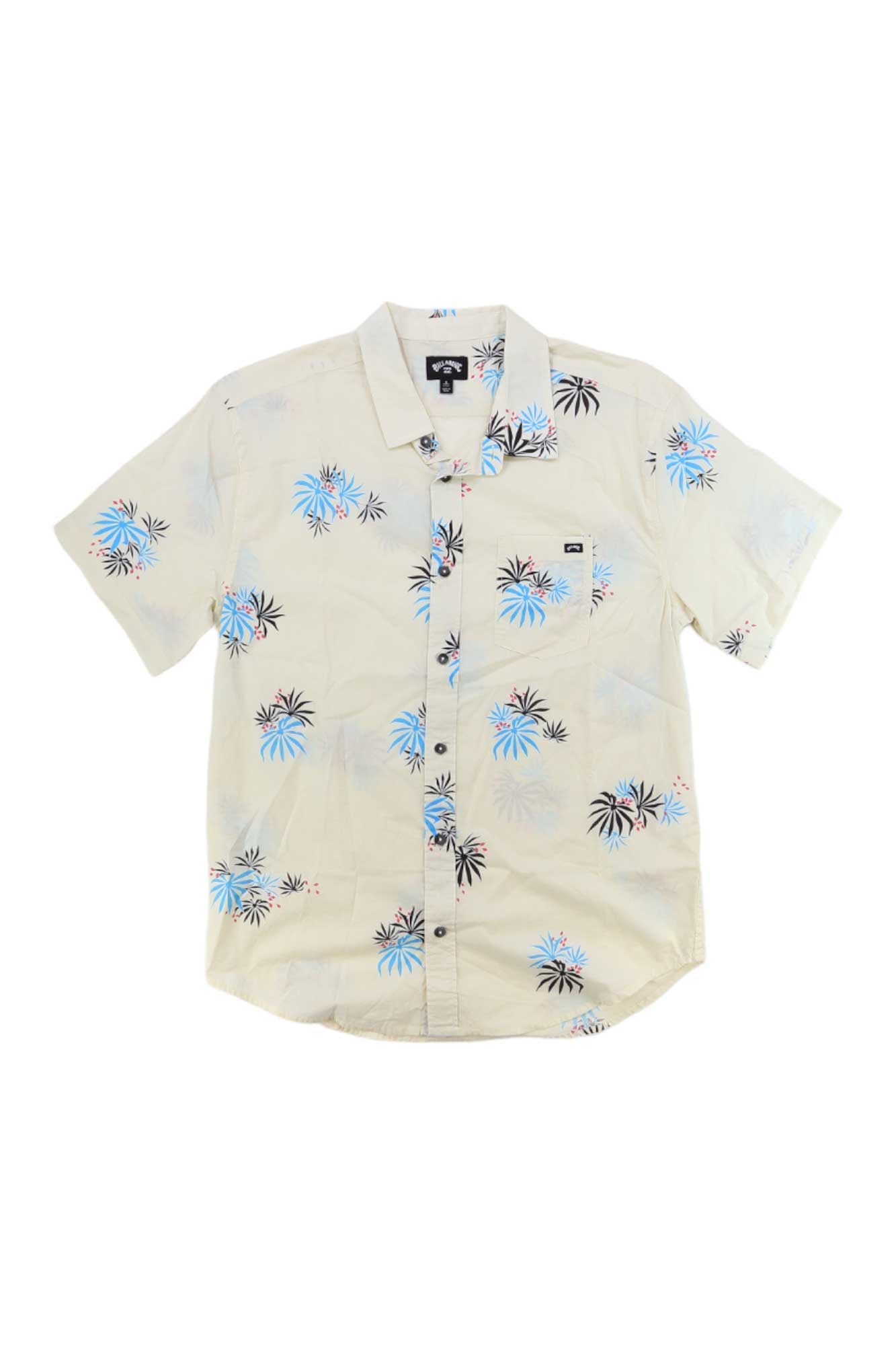 The Billabong Men's Sundays Mini SS Shirt is a light beige, short-sleeved casual shirt with a collar, blue and black palm tree pattern, and a left chest pocket.