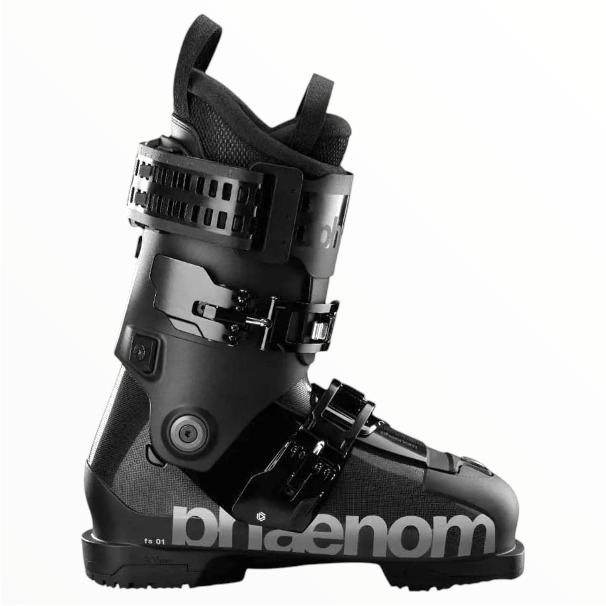 The Phaenom FS 01 80 A Ski Boot by Phaenom is a black all-mountain boot for intermediate skiers with two adjustable buckles, a stiff shell, and "phaenom" branding near the sole, shown in side profile on a white background.