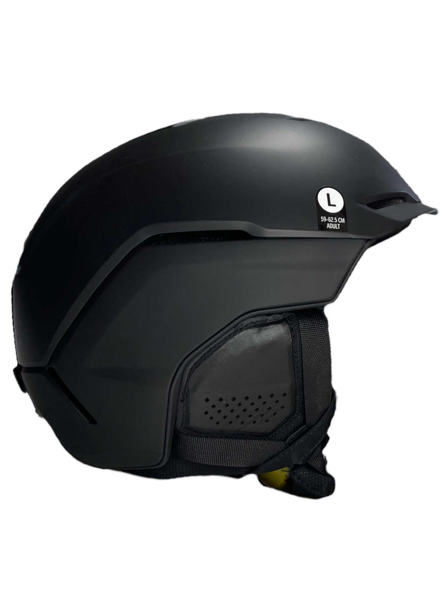 Men's matte black snow helmet with MIPS, size L label, chin strap and vents