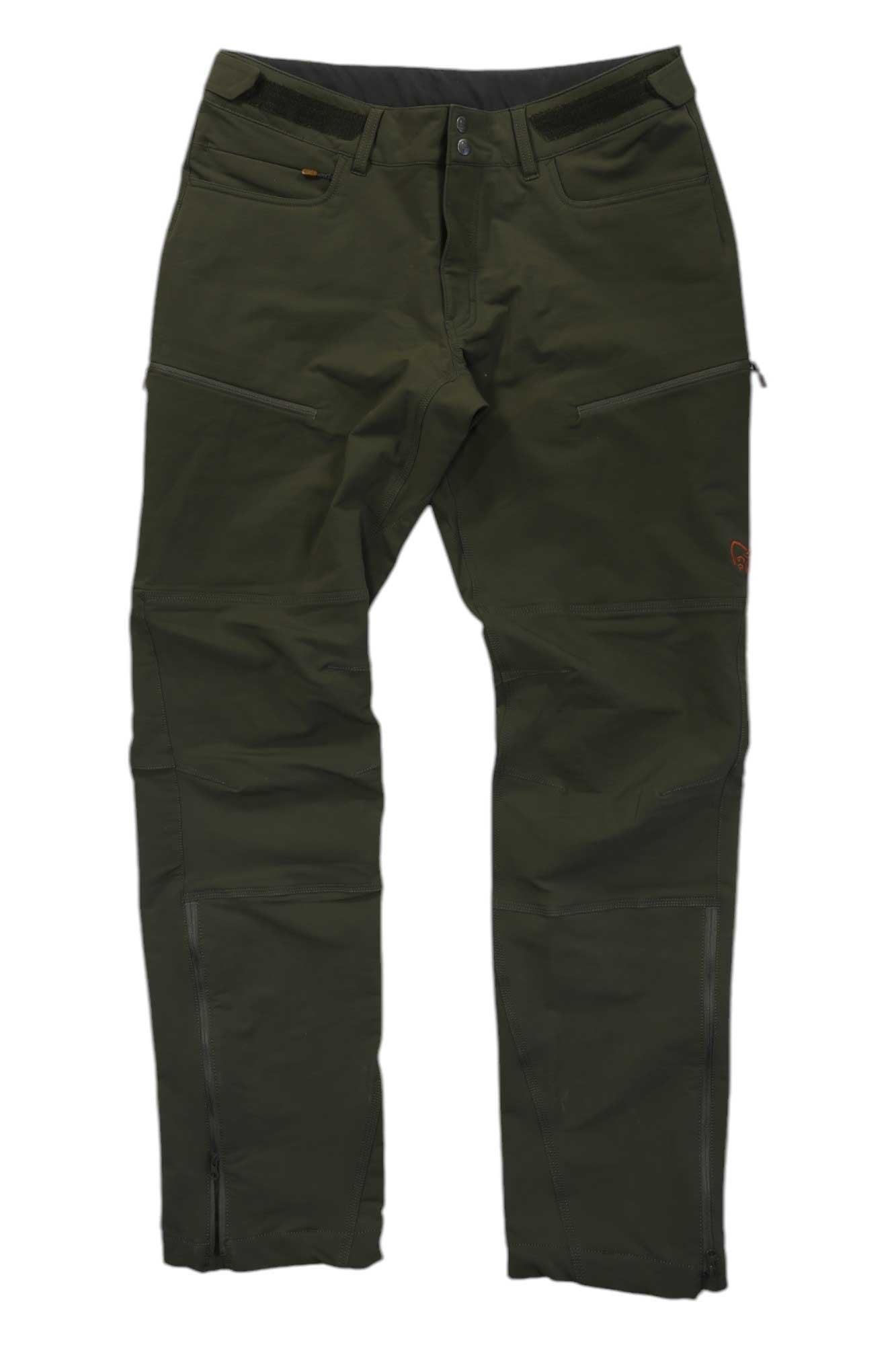 Men's outdoor cargo pants, dark green, zip fly, belt loops, knee and leg pockets