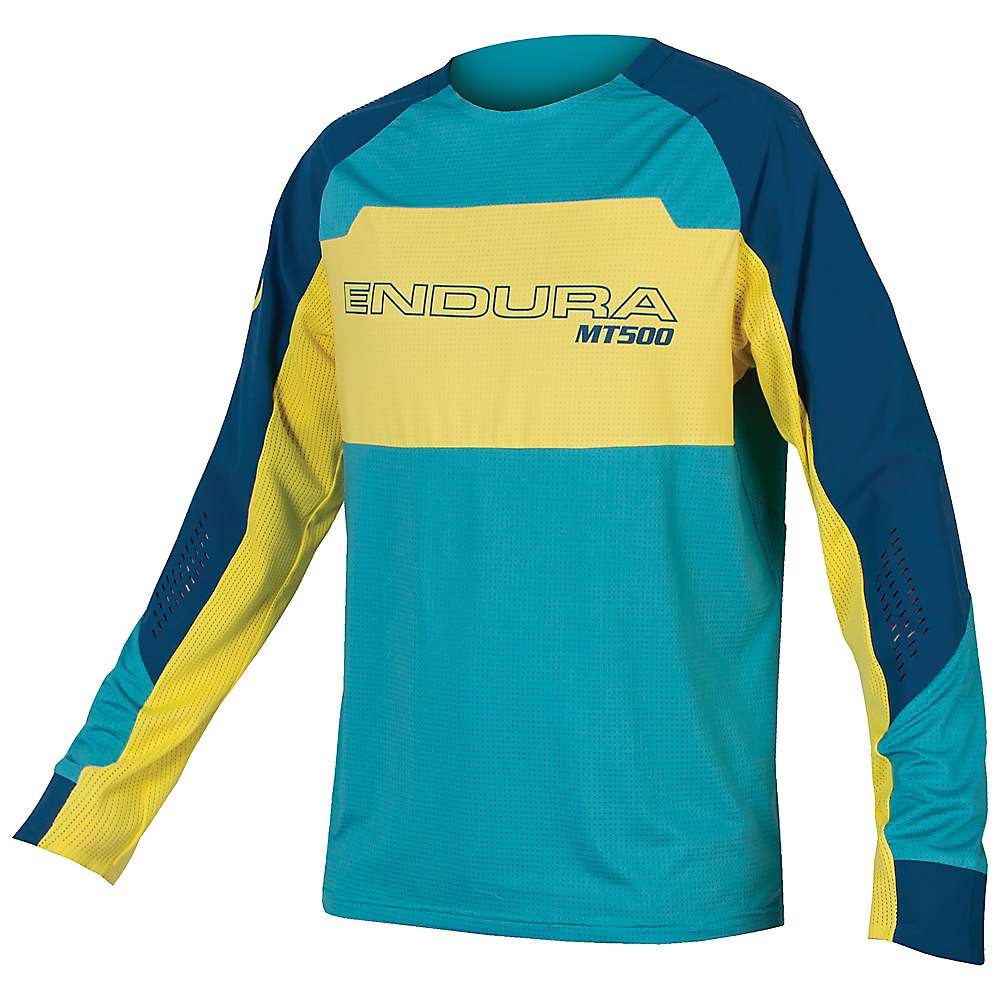 Men's long-sleeve cycling jersey in teal with yellow sleeves and dark blue side panels
