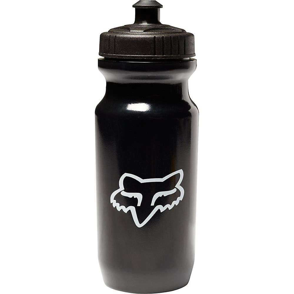 Black water bottle with white fox head emblem and top lid