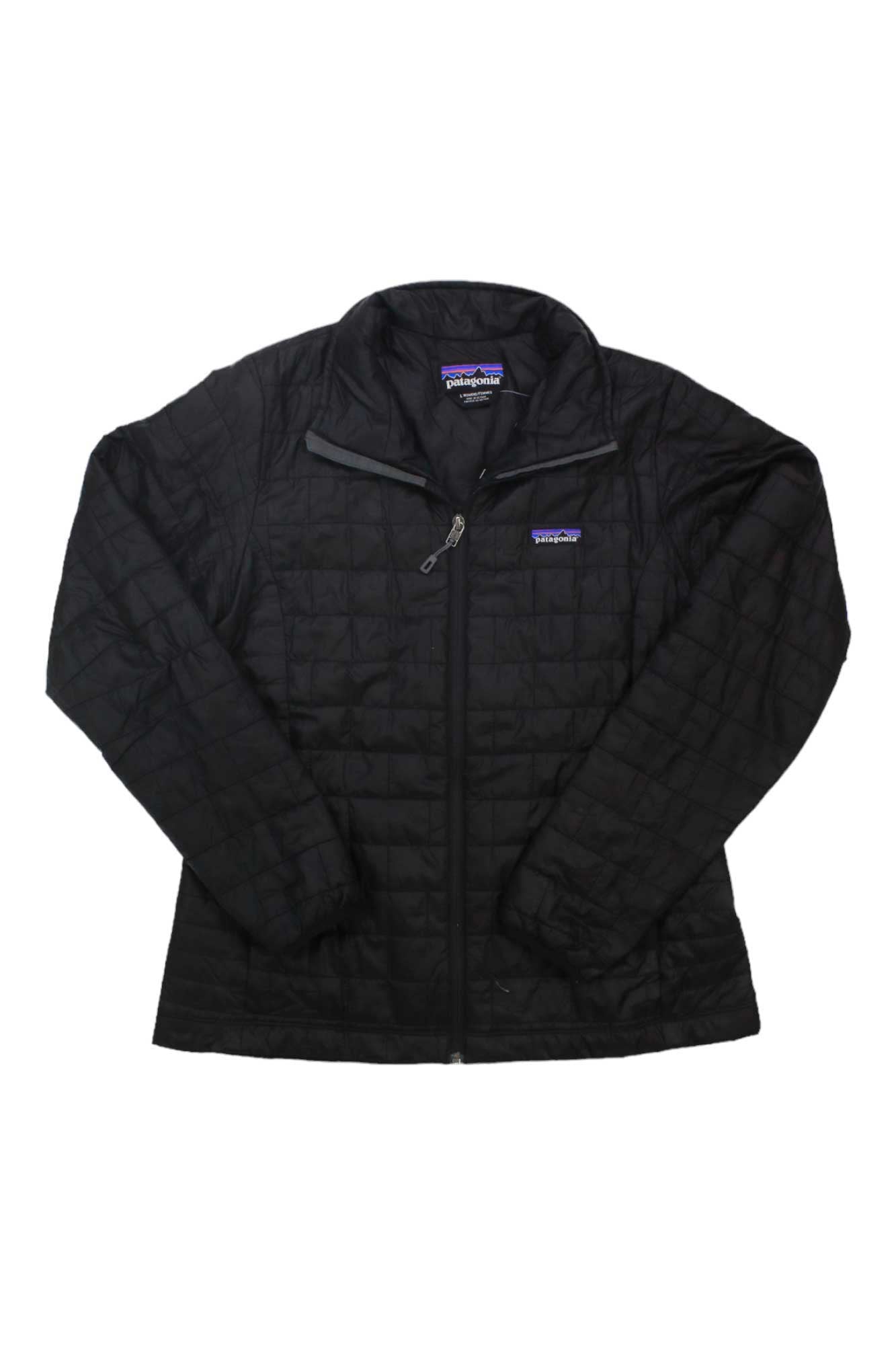 Black insulated jacket with full-zip front, stand collar, and quilted panels