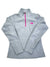 The Glacier 1/4 Zip Fleece is a light gray women's pullover featuring a bright pink zipper and logo on the chest. Shown laid flat on white, this versatile layer works as a lightweight jacket for any season.