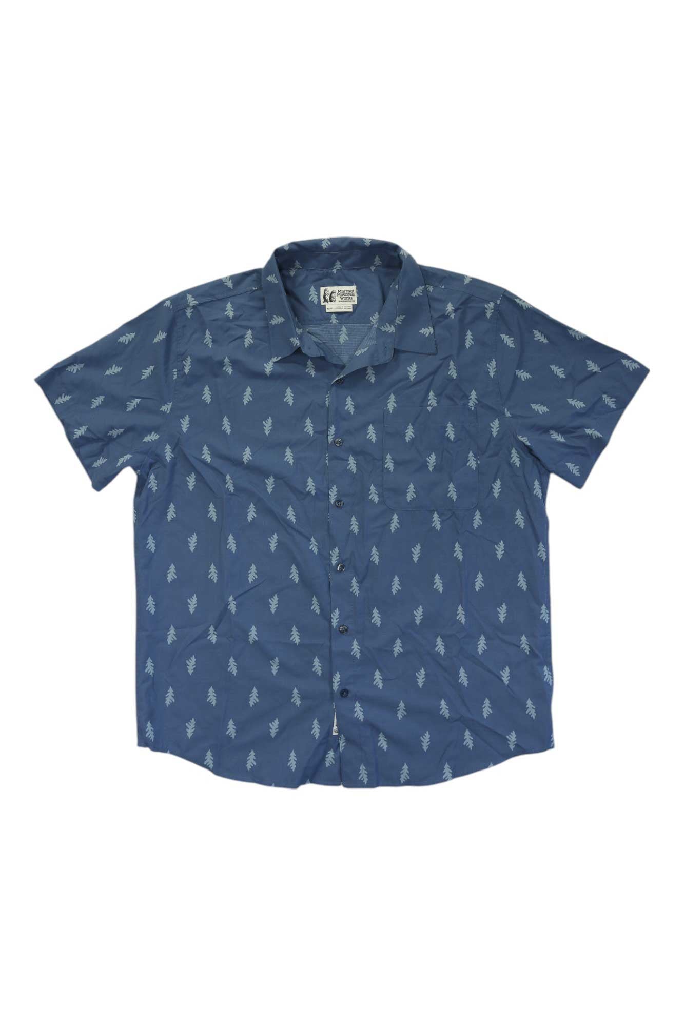 The Marmot Mens Aerobora Novelty SS Shirt is a blue, short-sleeve button-up featuring a white pine tree pattern. This lightweight, breathable men's shirt is shown laid flat on a white background for all-day comfort.