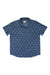 The Marmot Mens Aerobora Novelty SS Shirt is a blue, short-sleeve button-up featuring a white pine tree pattern. This lightweight, breathable men's shirt is shown laid flat on a white background for all-day comfort.