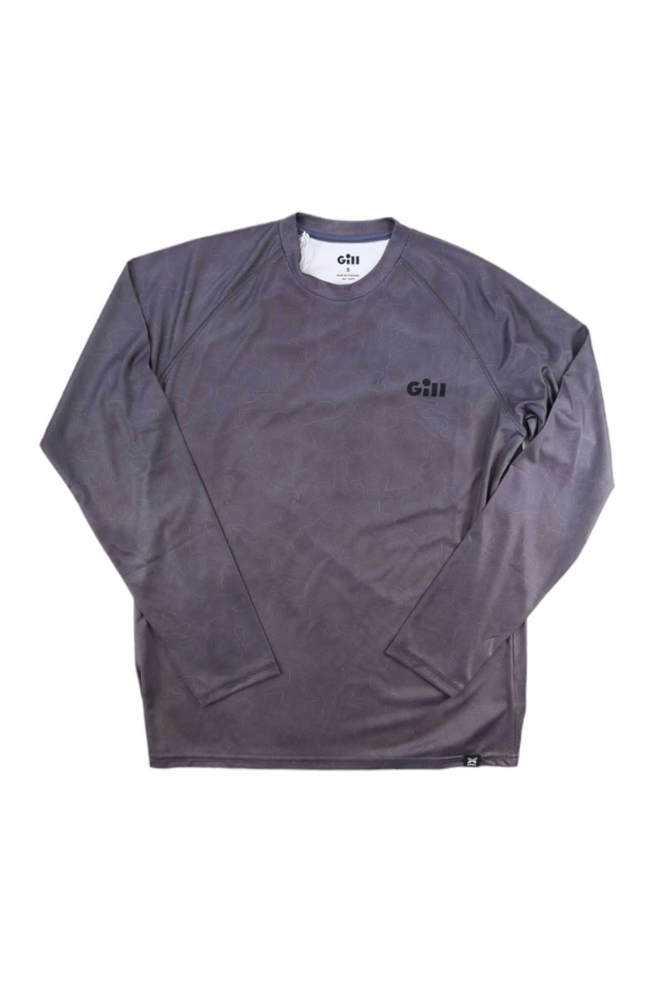 The Gill Mens Xpel Tec LS Top is a gray, long-sleeve fishing shirt with a crew neck and the Gill logo on the left chest. Made from moisture-wicking fabric, it’s shown laid flat on a white background.