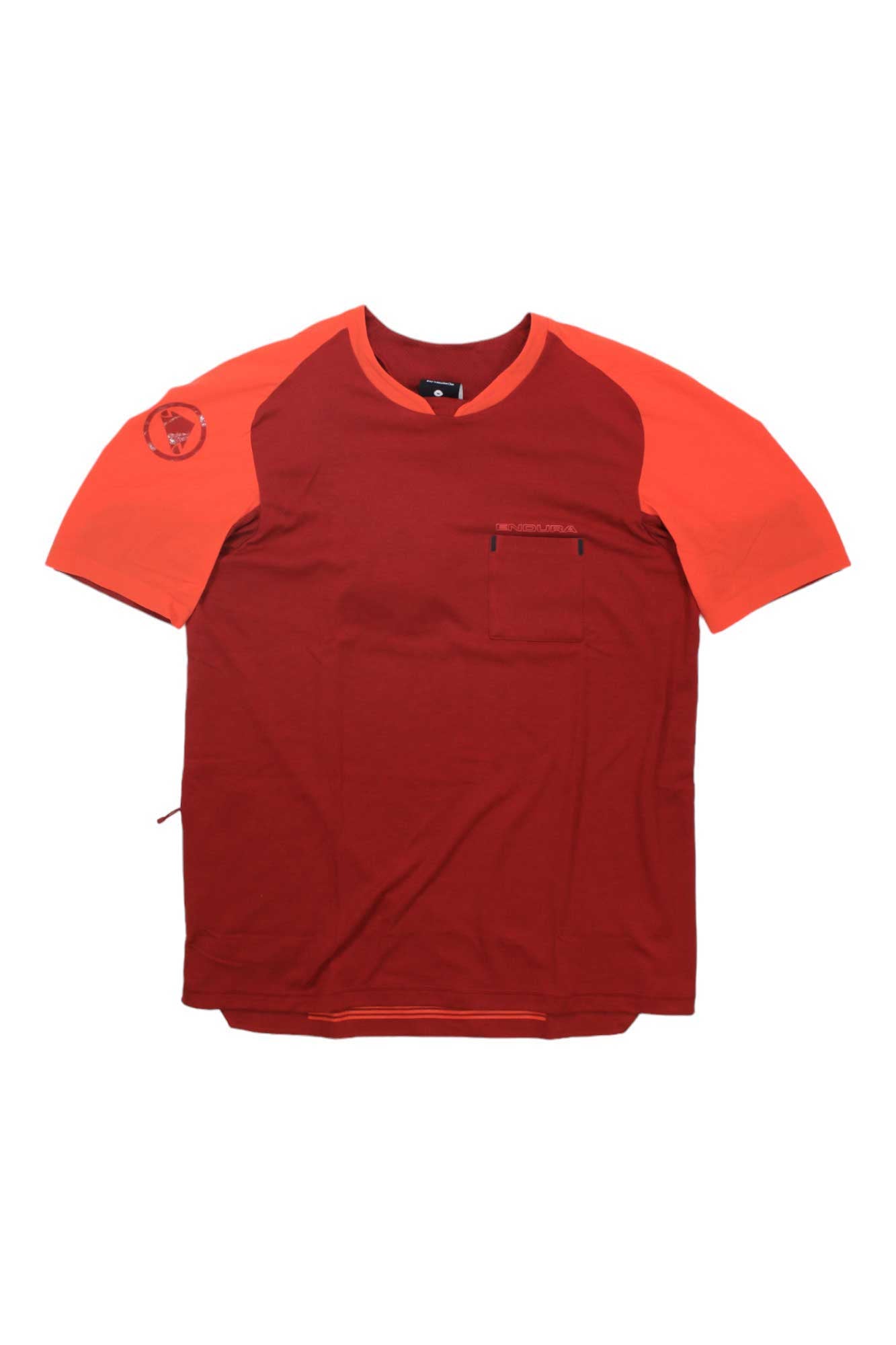 The Endura Mens GV500 Foyle Top is a short-sleeved cycling tee with a dark red body, bright orange sleeves and neckline, a small chest pocket, and a circular logo on the left sleeve.