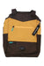 The Sherpani Womens Camden Backpack is a vegan, recycled brown and yellow bag featuring two front zippered pockets, blue zipper pulls, brown handles, and a black keychain tag on the top zipper.