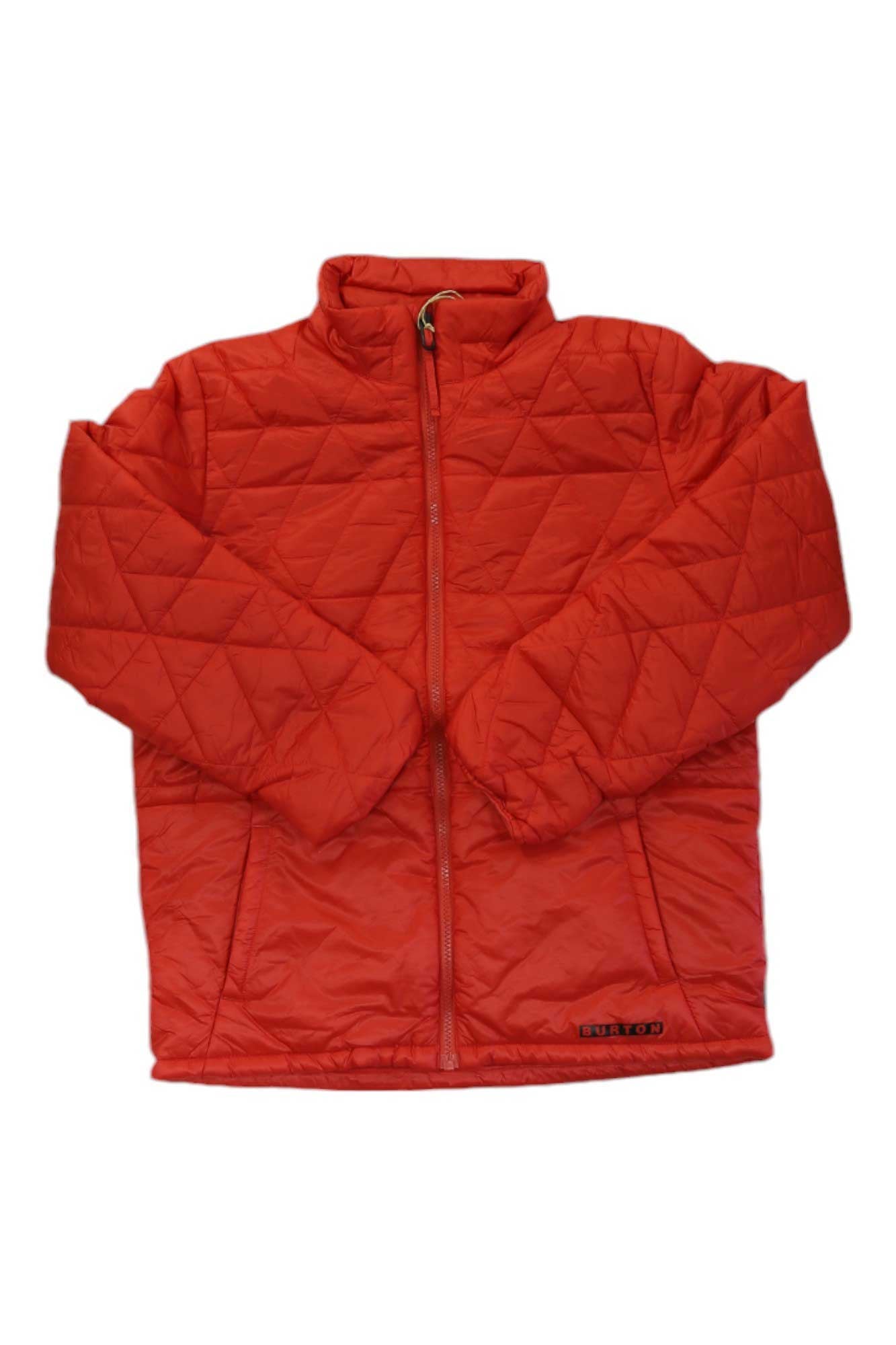 The Burton Kids Vers-Heat Insulated Jacket, shown in bright red with long sleeves, breathable insulation, a front zipper, and a stand-up collar, is laid flat on a white background.