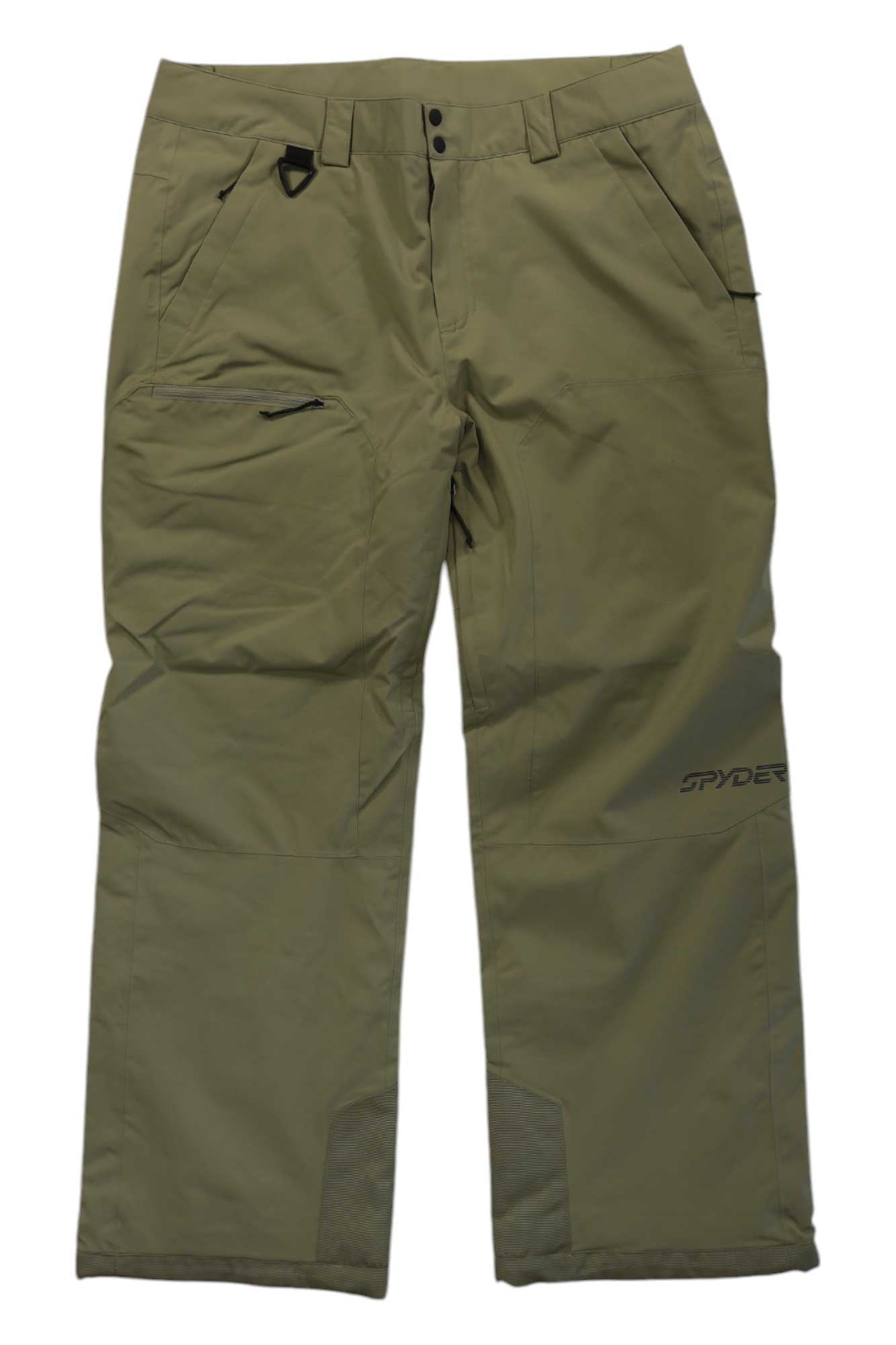 The Spyder Mens Seventy Pant in olive green features front and side pockets, button and zip closure, reinforced knees, waterproof insulation, and a Spyder logo—perfect for snowsports or outdoor adventures.