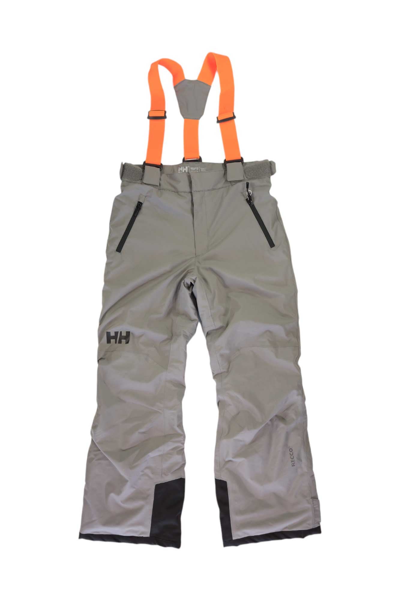 Helly Hansen Juniors No Limits 2.0 Pant in gray with black reinforced cuffs, black zip pockets, and bright orange adjustable suspenders shown flat on a white background. Insulated for kids' snowy adventures.