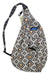 The KAVU Womens Rope Sling Bag is water-resistant with a black, white, and orange geometric diamond pattern. Made of durable 600D Polyester, it has an adjustable strap, black buckle, and a front blue KAVU logo patch.