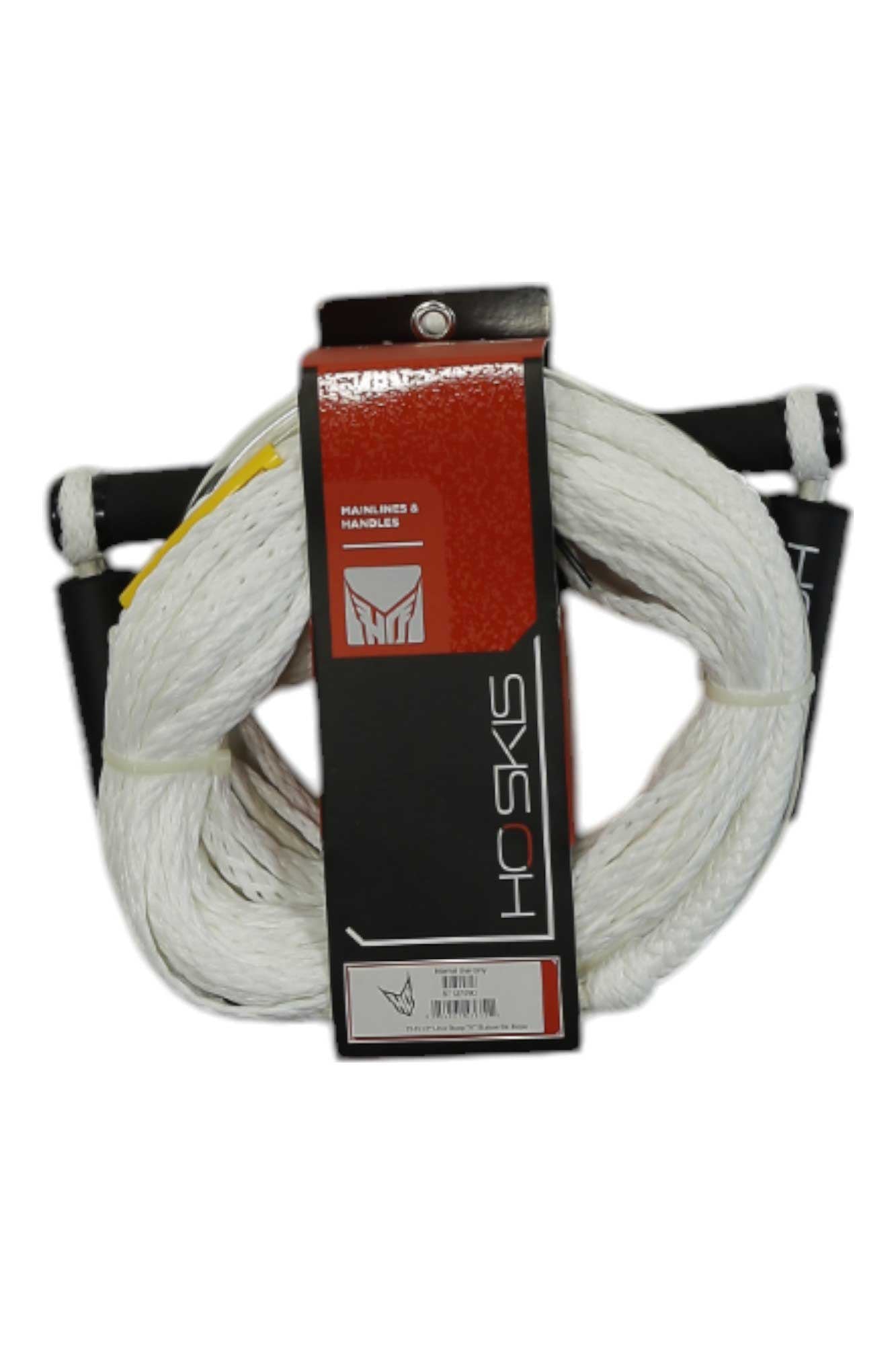 The HO Sports Universal Deep V Package is a coiled white water sports rope with black handles, featuring a ski tip-friendly Deep V and packaged with a red and black HO Skis label showing the brand’s logo and product info.