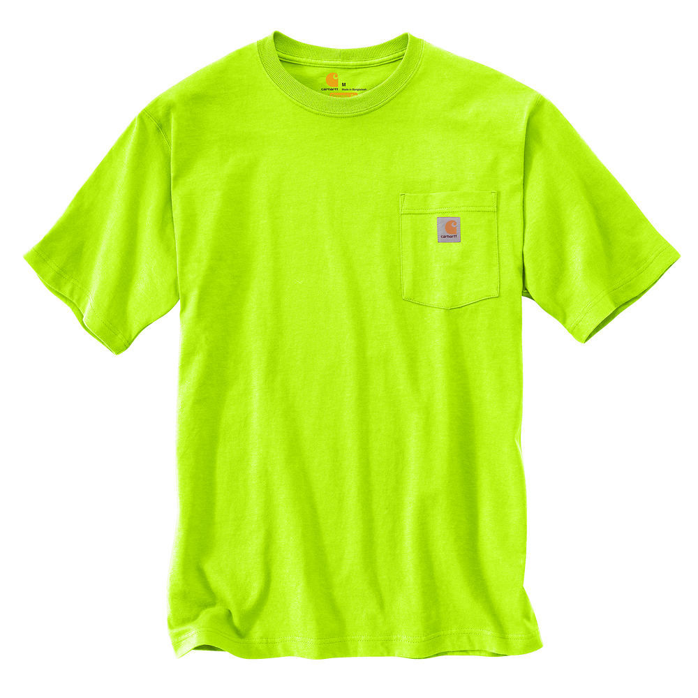 Men's loose-fit heavyweight pocket T-shirt in bright lime green, crew neck, short sleeves