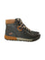 The Forsake Womens Patch Boot is a brown and black outdoor boot with beige laces, metal eyelets, a textured sole, tan padded ankle collar, side logo, and rugged design for outdoor adventures.