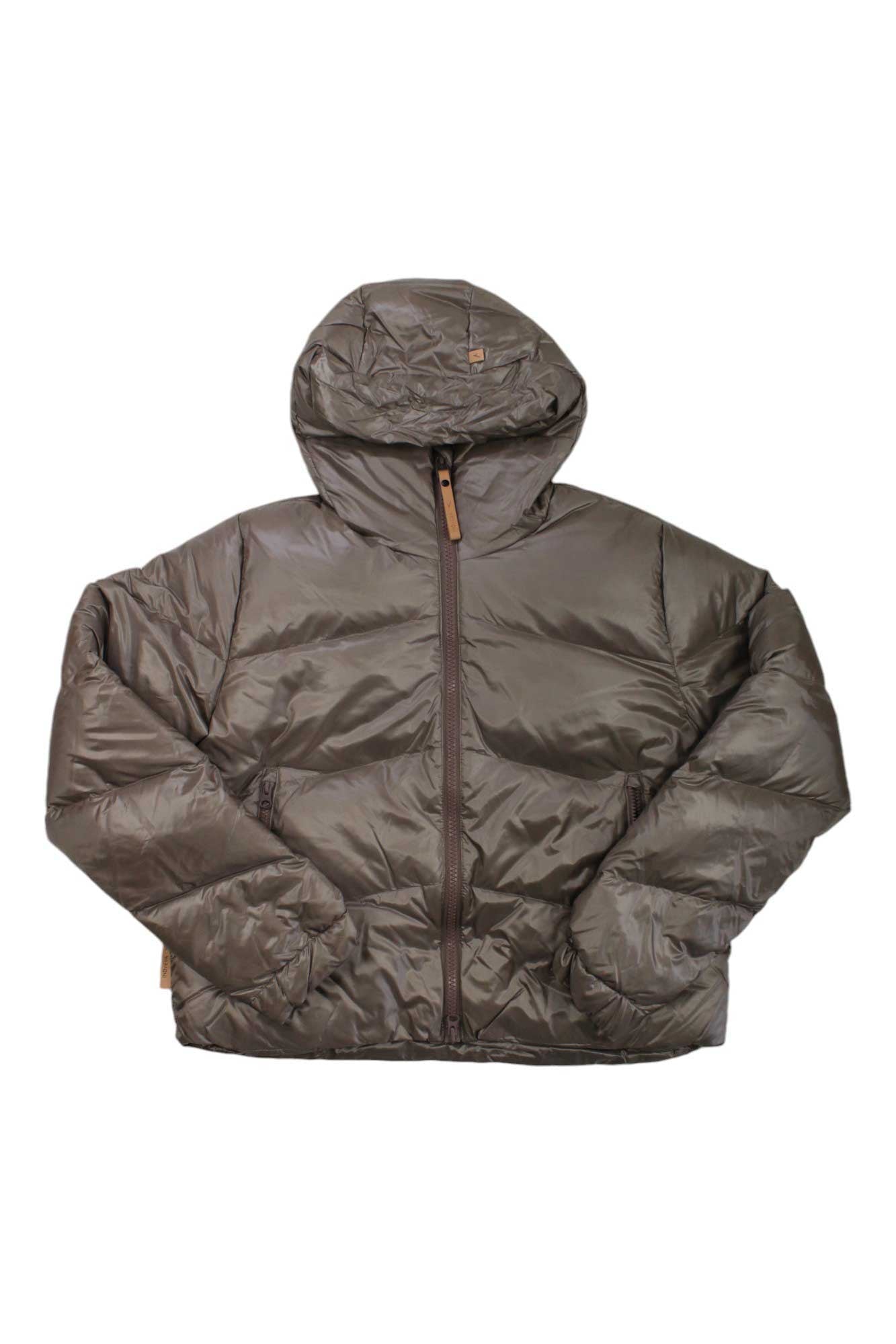 The Indyeva Womens Short Short Hoodie is a brown puffer jacket made from recycled nylon with down insulation, a hood, front zipper, and two side pockets, shown flat on a white background.