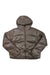 The Indyeva Womens Short Short Hoodie is a brown puffer jacket made from recycled nylon with down insulation, a hood, front zipper, and two side pockets, shown flat on a white background.