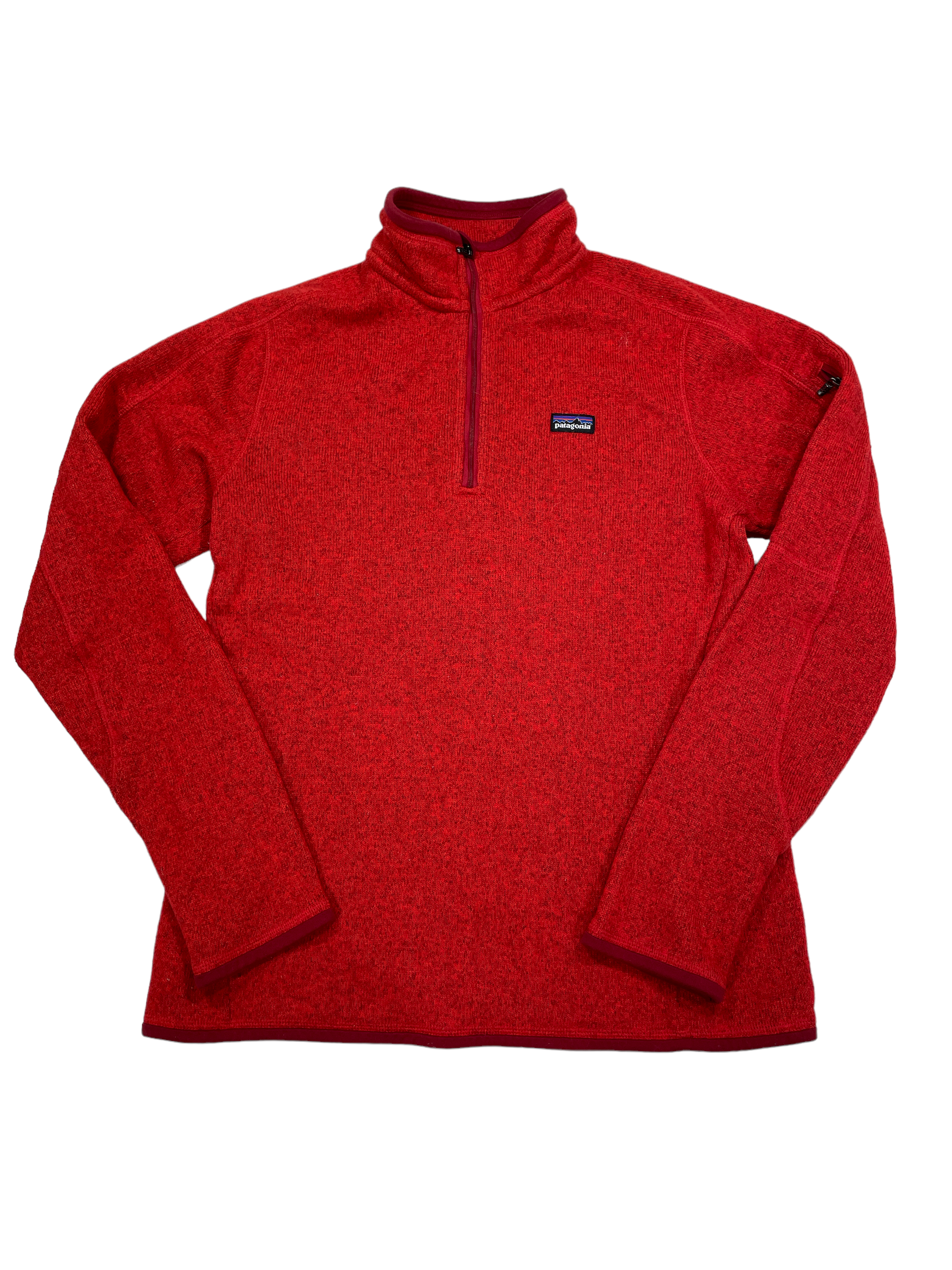 The Womens Better Sweater 1/4-Zip is a bright red, hip-length, sweater-knit fleece pullover with long sleeves, stand-up collar, zippered security pocket, and a small rectangular logo patch on the left chest. Shown laid flat on white background.