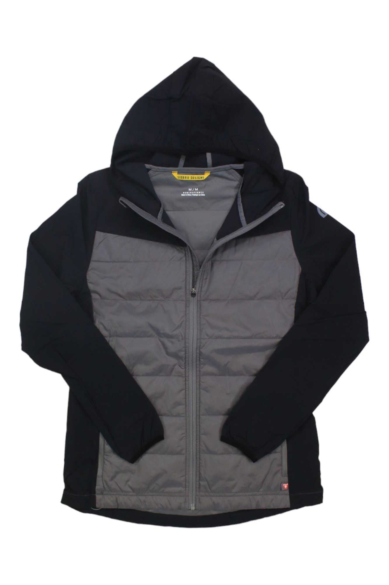 The Sierra Designs Women's Borrego Hybrid Jacket in black and gray features Primaloft Eco Silver insulation, a front zipper, two side pockets, and long sleeves, displayed flat on a white background.