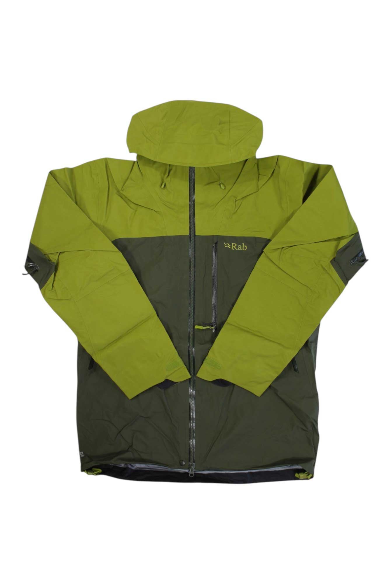 The Rab Mens Latok Mountain GTX Jacket in green and dark olive features a GORE-TEX waterproof shell, front zipper, two zippered chest pockets, Rab logo on the left chest, long sleeves, and a relaxed fit—perfect for outdoor adventures.