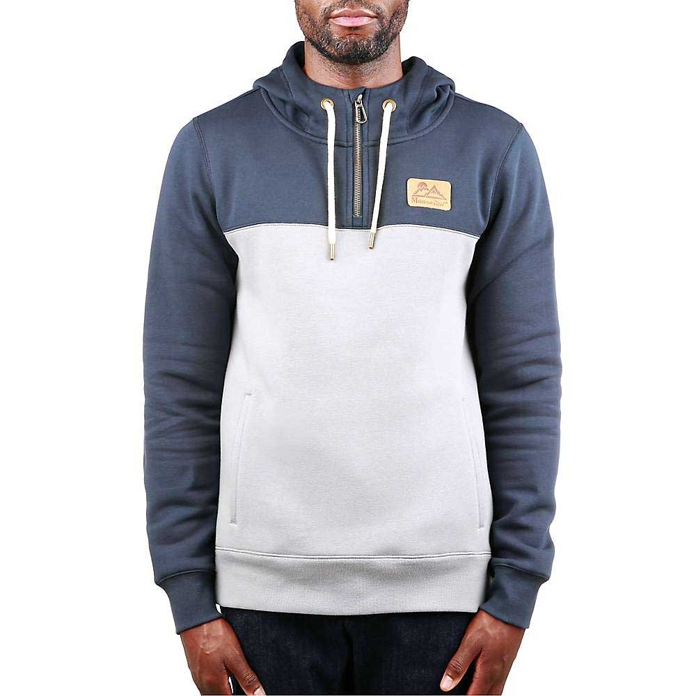 Men's 1/4-zip hoodie pullover, navy and light gray color-block, hood with drawstrings