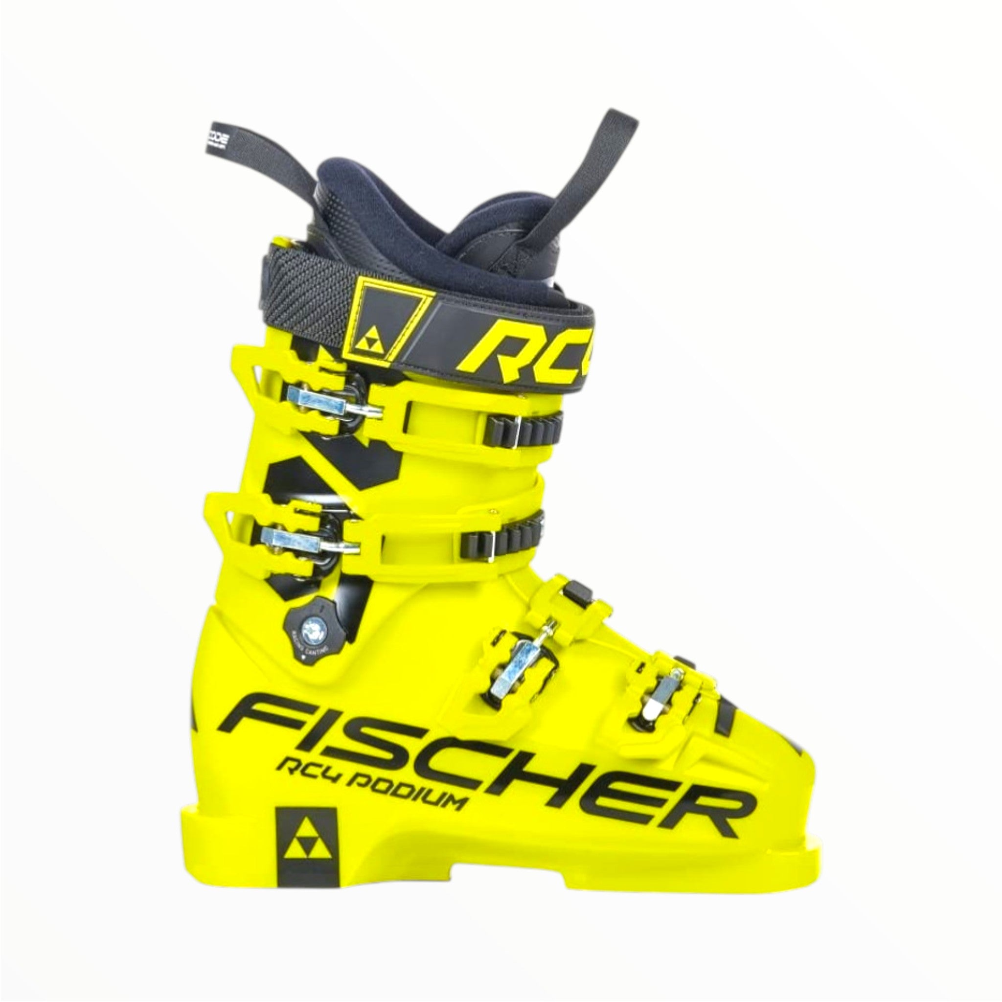The FISCHER RC4 PODIUM 90 SKI BOOT, shown in side profile on a white background, is bright yellow with black and blue buckles, black branding, a dark gray padded cuff, and includes a customizable liner.