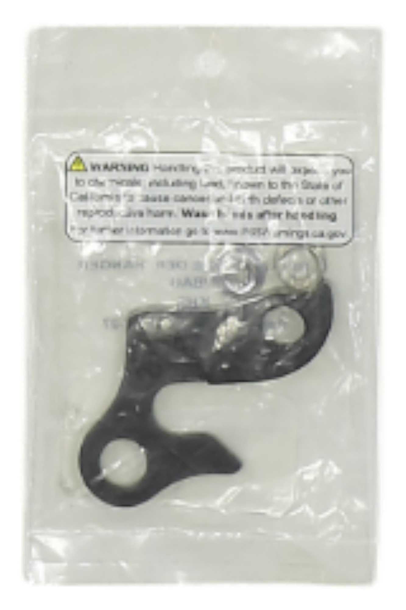 Black metal derailleur hanger with mounting bolt, packaged in clear plastic